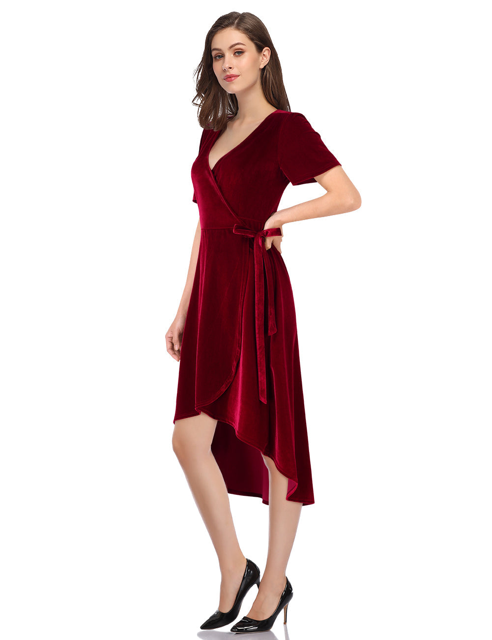 YESFASHION Women Velvet V-Neck Short Sleeve Empire Party Midi Dress Wine Red