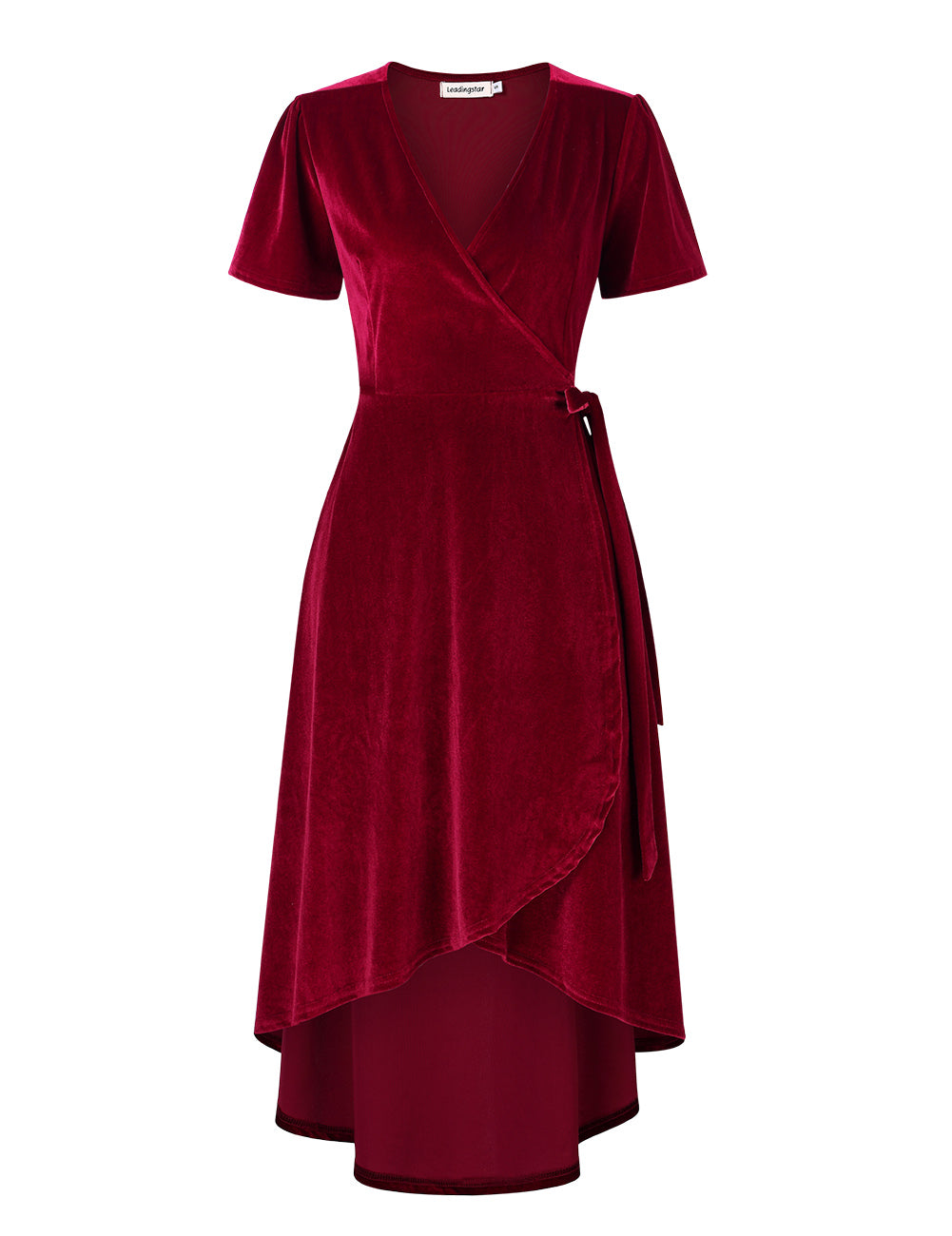 YESFASHION Women Velvet V-Neck Short Sleeve Empire Party Midi Dress Wine Red