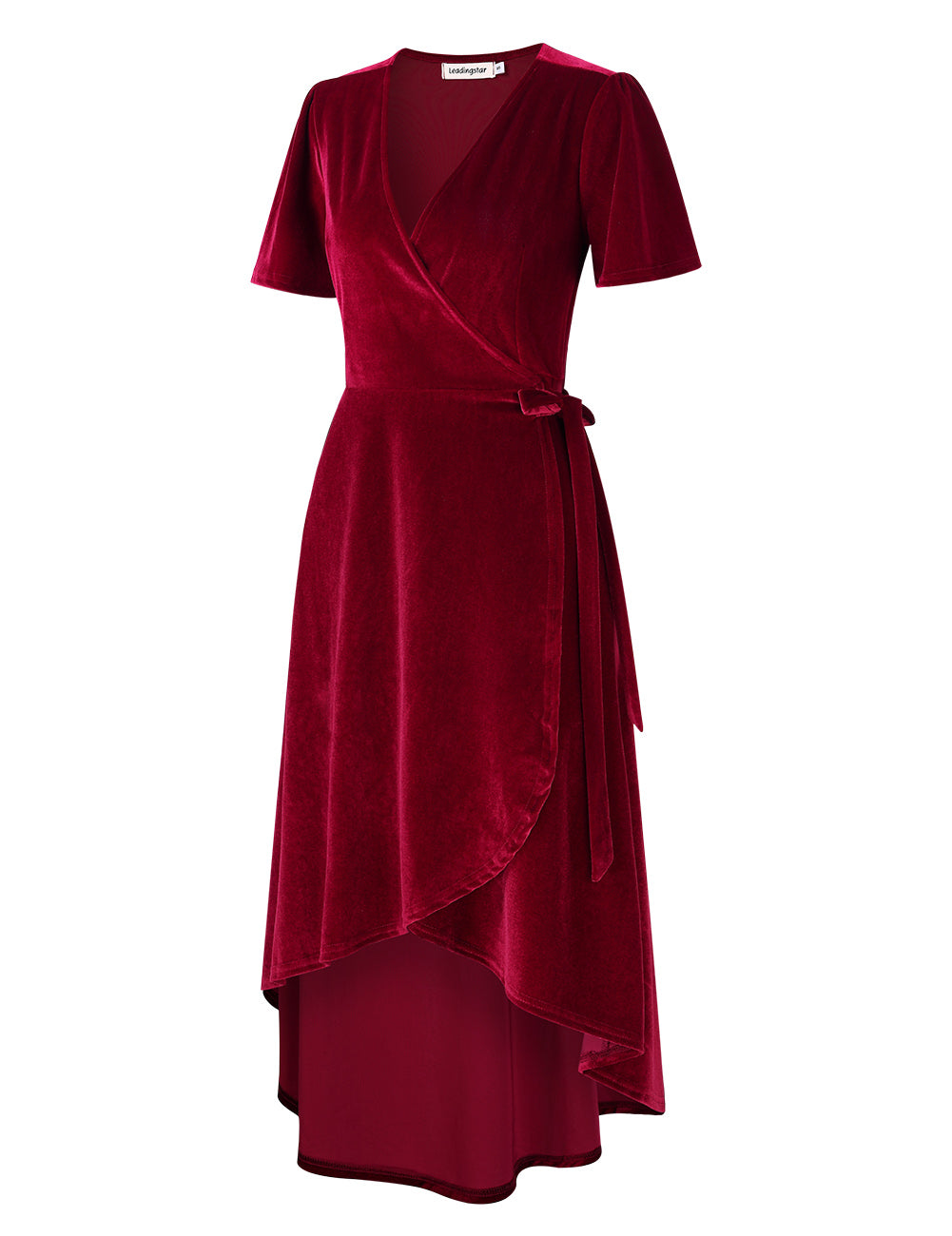 YESFASHION Women Velvet V-Neck Short Sleeve Empire Party Midi Dress Wine Red