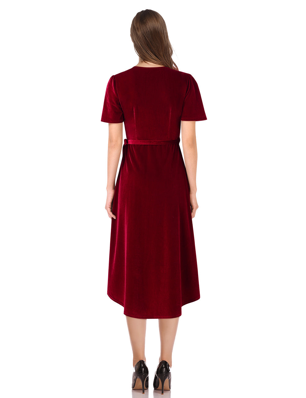 YESFASHION Women Velvet V-Neck Short Sleeve Empire Party Midi Dress Wine Red