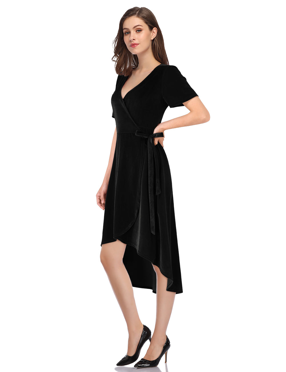 YESFASHION Women Velvet V-Neck Short Sleeve Empire Party Midi Dress Black