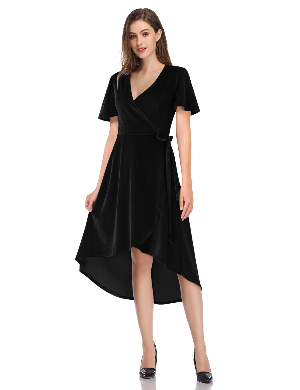 YESFASHION Women Velvet V-Neck Short Sleeve Empire Party Midi Dress Black