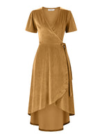 YESFASHION Women Velvet V-Neck Short Sleeve Empire Party Midi Dress Gold