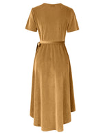 YESFASHION Women Velvet V-Neck Short Sleeve Empire Party Midi Dress Gold