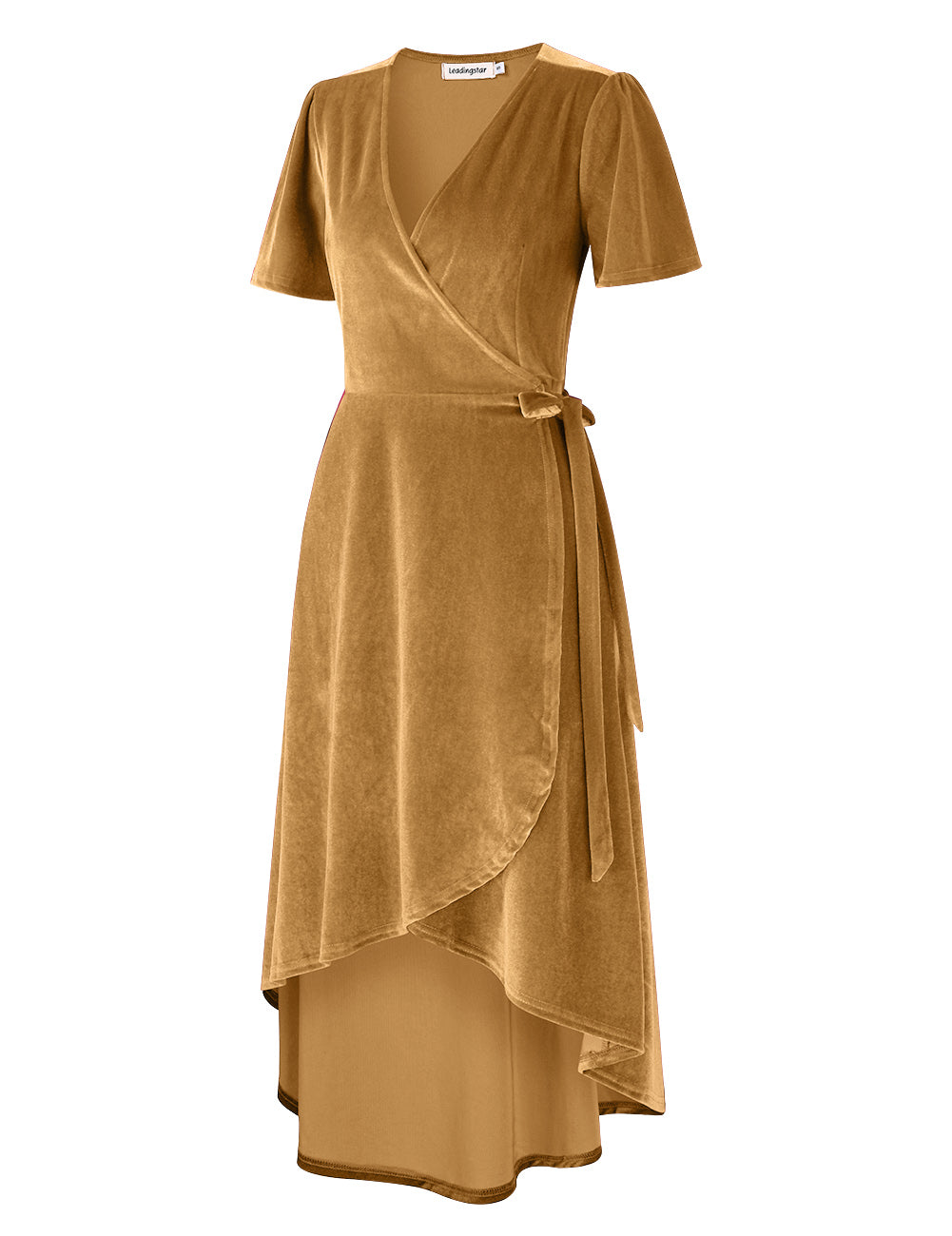 YESFASHION Women Velvet V-Neck Short Sleeve Empire Party Midi Dress Gold