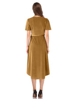 YESFASHION Women Velvet V-Neck Short Sleeve Empire Party Midi Dress Gold