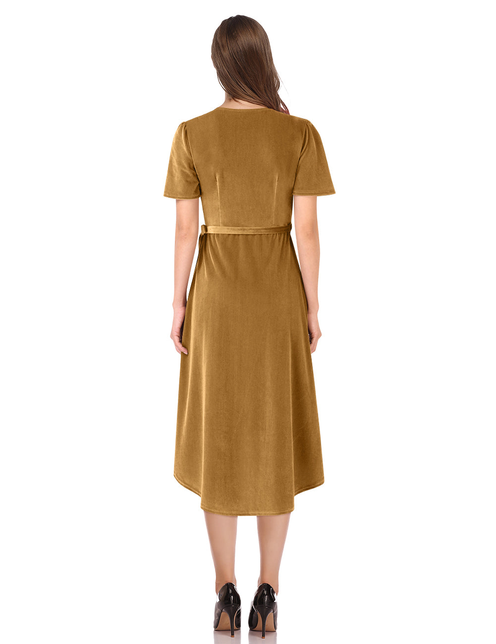 YESFASHION Women Velvet V-Neck Short Sleeve Empire Party Midi Dress Gold