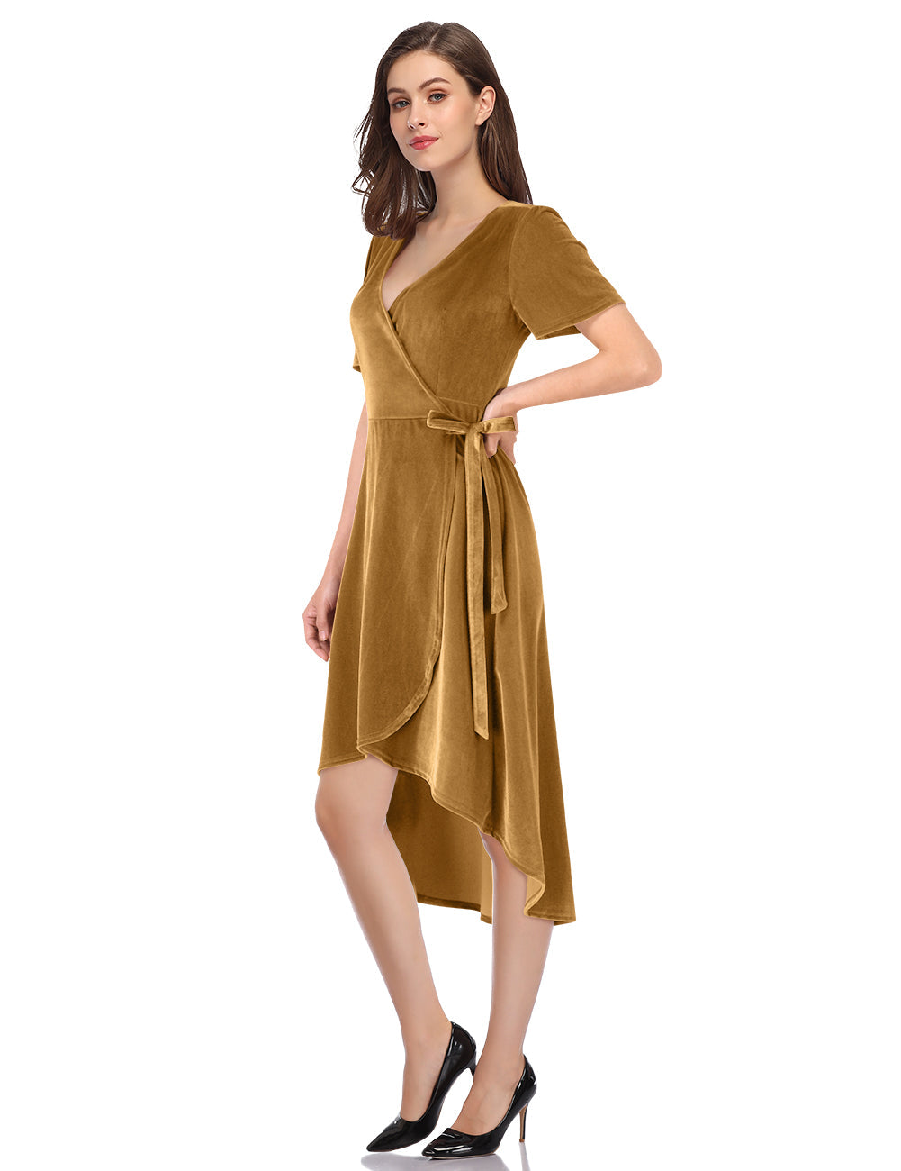 YESFASHION Women Velvet V-Neck Short Sleeve Empire Party Midi Dress Gold
