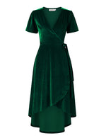 YESFASHION Women Velvet V-Neck Short Sleeve Empire Party Midi Dress