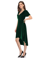 YESFASHION Women Velvet V-Neck Short Sleeve Empire Party Midi Dress