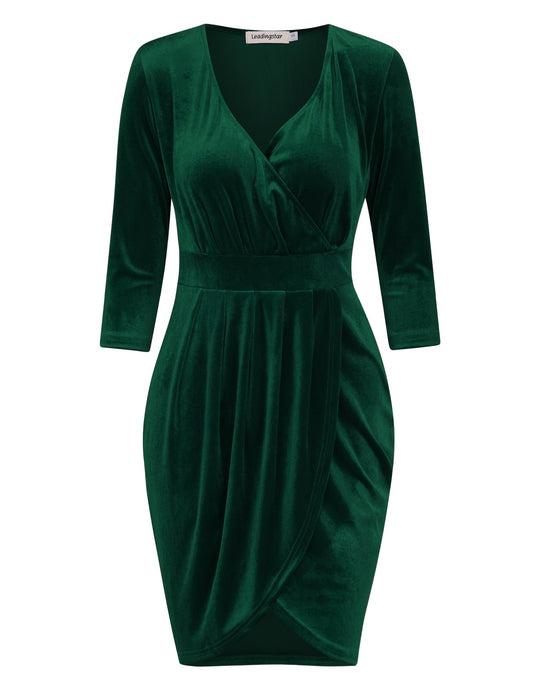 YESFASHION Women's Velvet Tulip Bodycon Party Dress Green