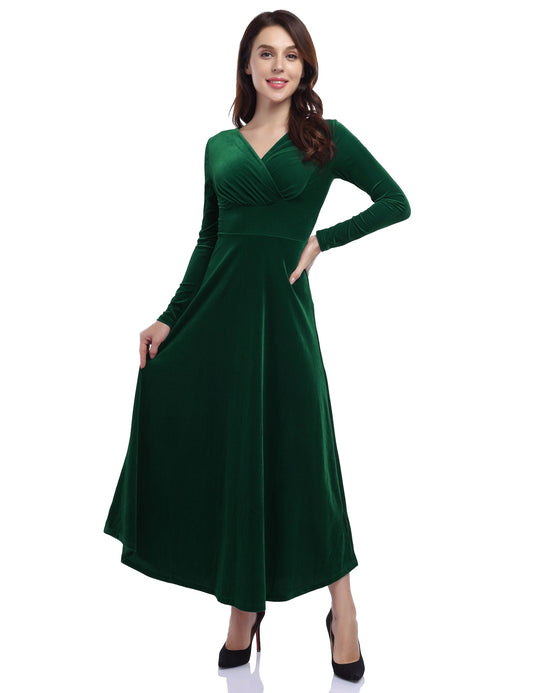 YESFASHION Women's V-Neck Velvet Smart Formal Party Maxi Dress Green