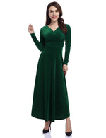 YESFASHION Women's V-Neck Velvet Smart Formal Party Maxi Dress Green