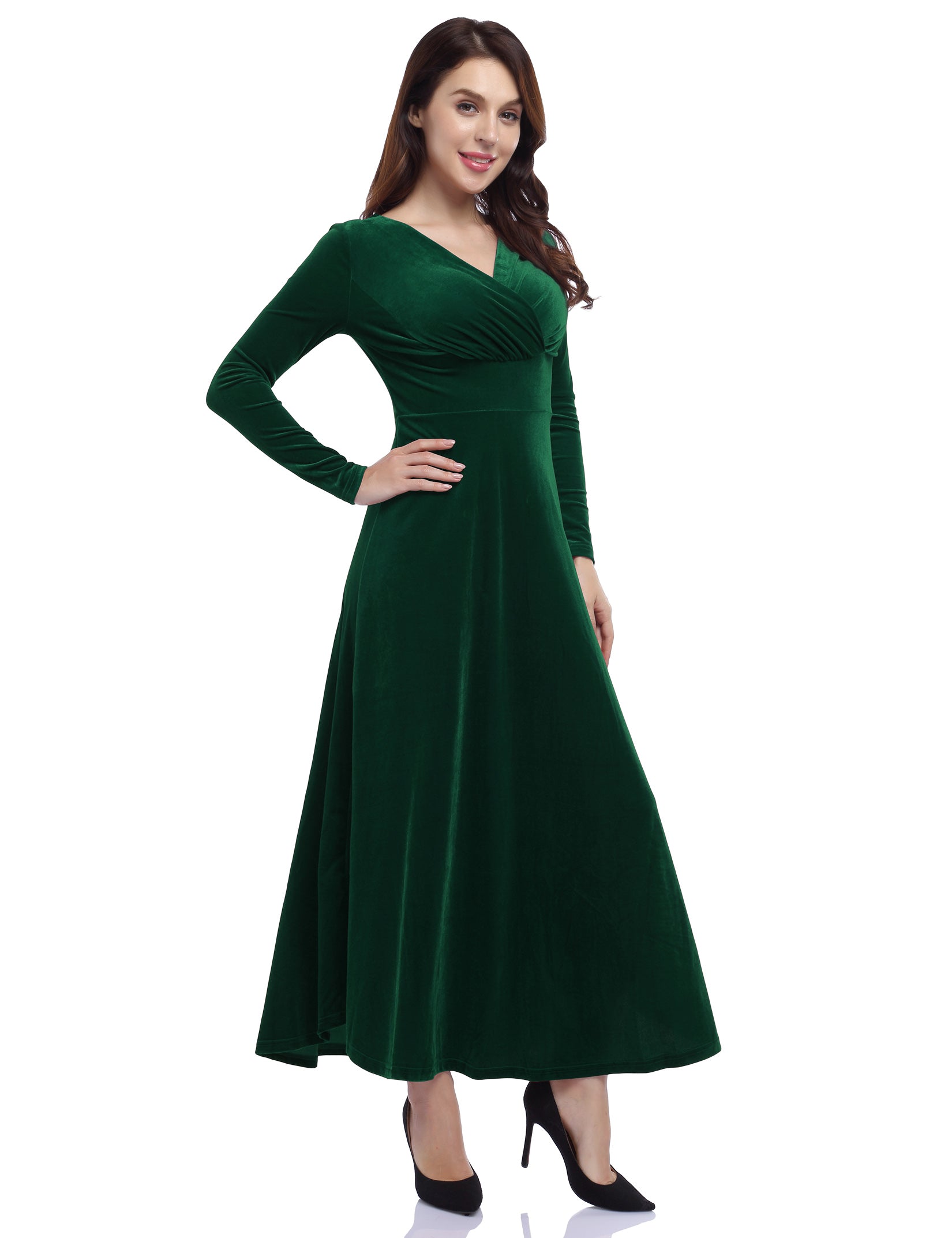 YESFASHION Women's V-Neck Velvet Smart Formal Party Maxi Dress Green