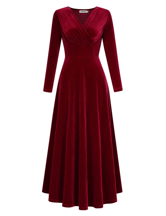 YESFASHION Women's V-Neck Velvet Smart Formal Party Maxi Dress Wine Red