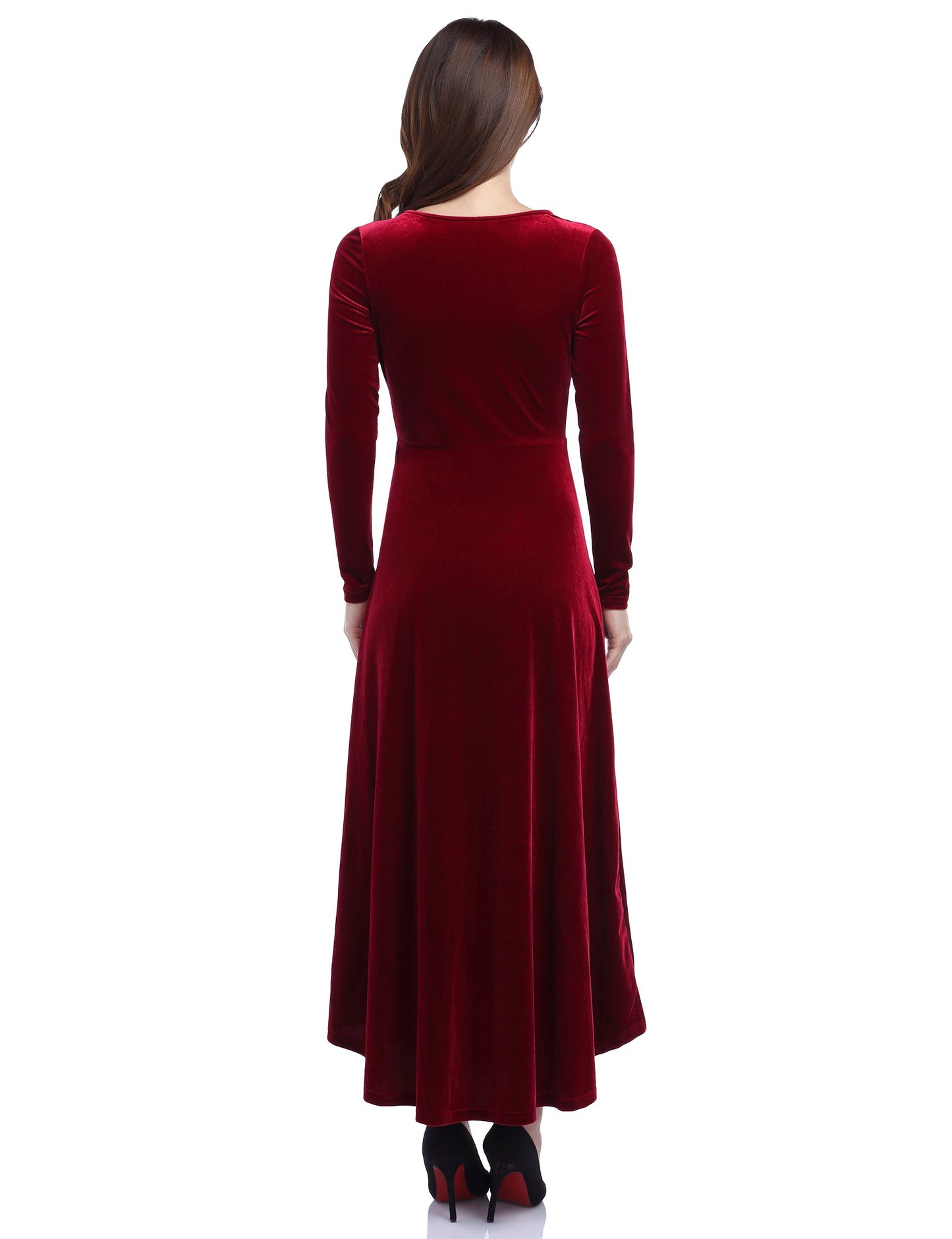 YESFASHION Women's V-Neck Velvet Smart Formal Party Maxi Dress Wine Red