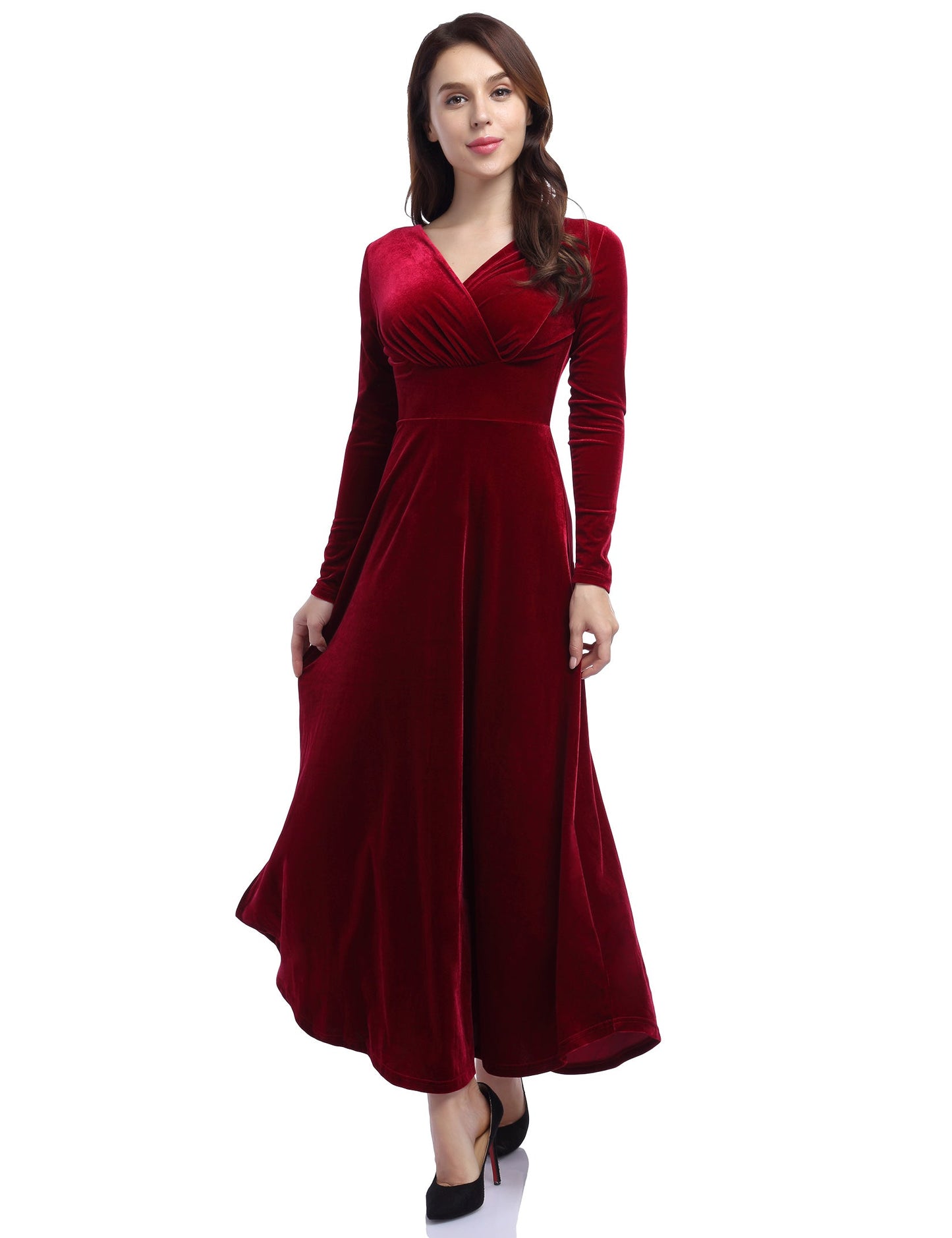 YESFASHION Women's V-Neck Velvet Smart Formal Party Maxi Dress Wine Red