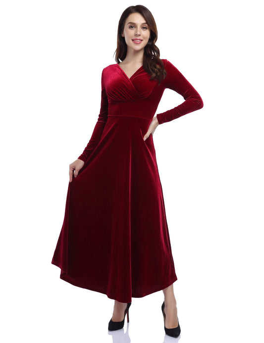 YESFASHION Women's V-Neck Velvet Smart Formal Party Maxi Dress Wine Red