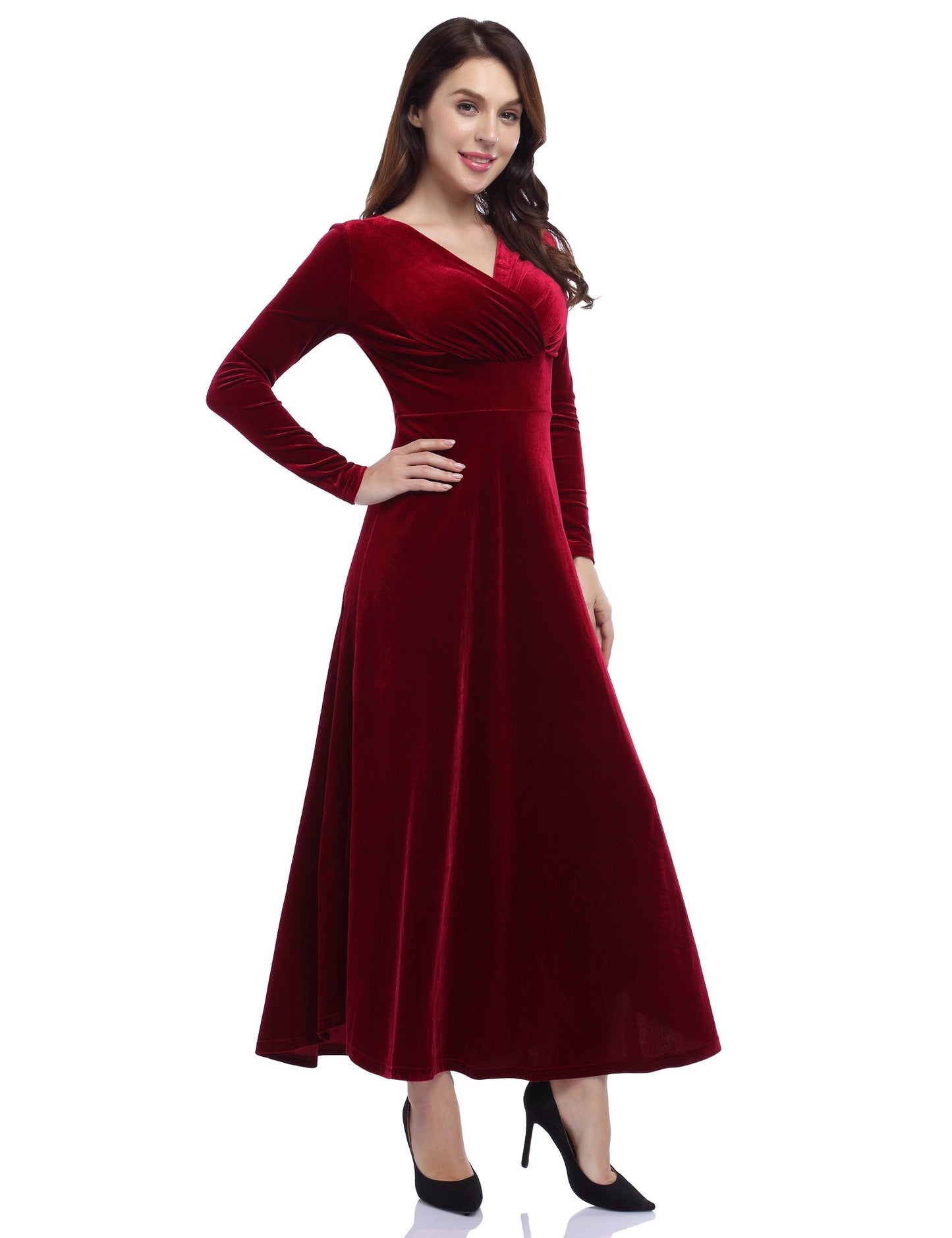 YESFASHION Women's V-Neck Velvet Smart Formal Party Maxi Dress Wine Red