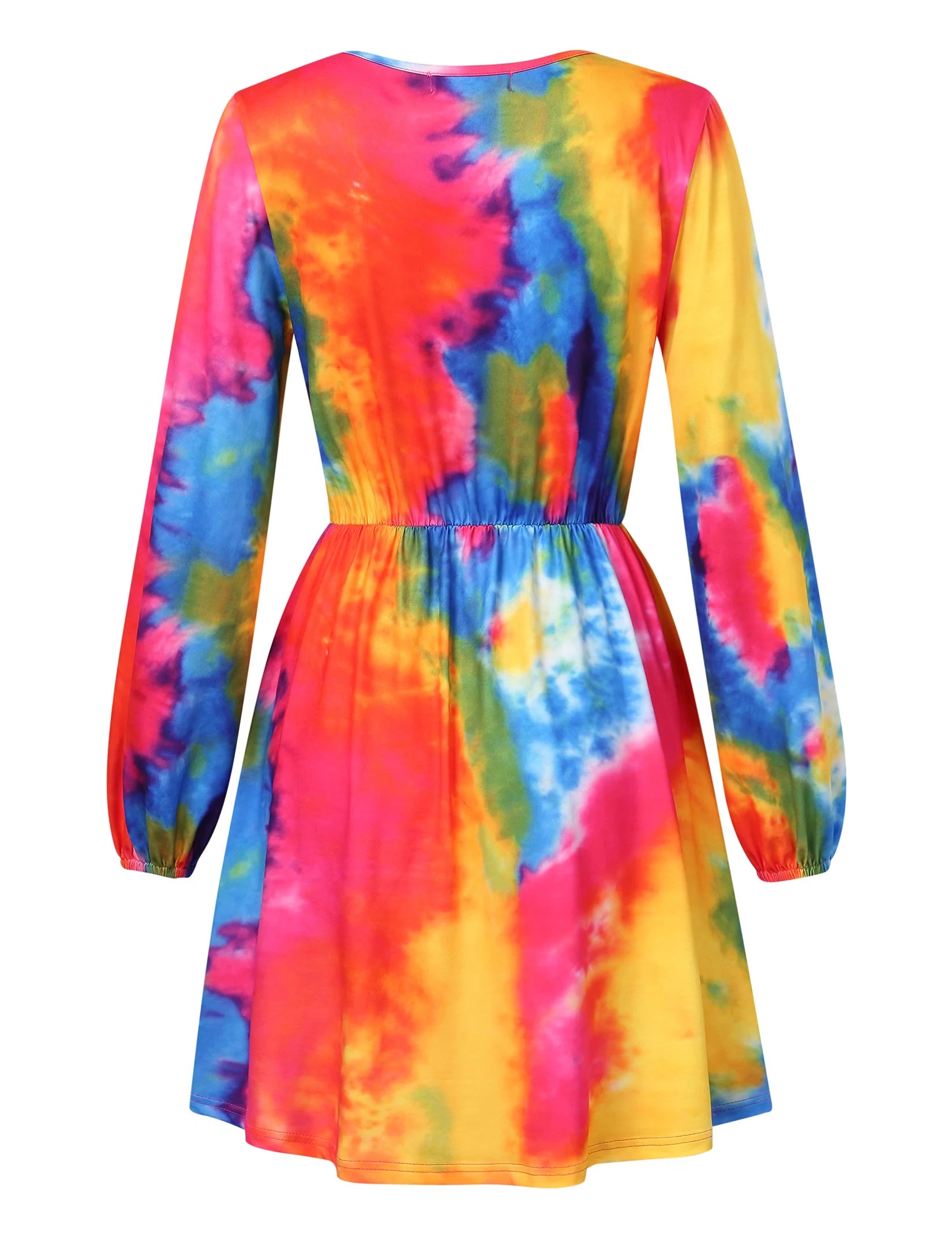 YESFASHION Women V Neck Skating Dress Long Sleeves Printed Casual Dress Rainbow