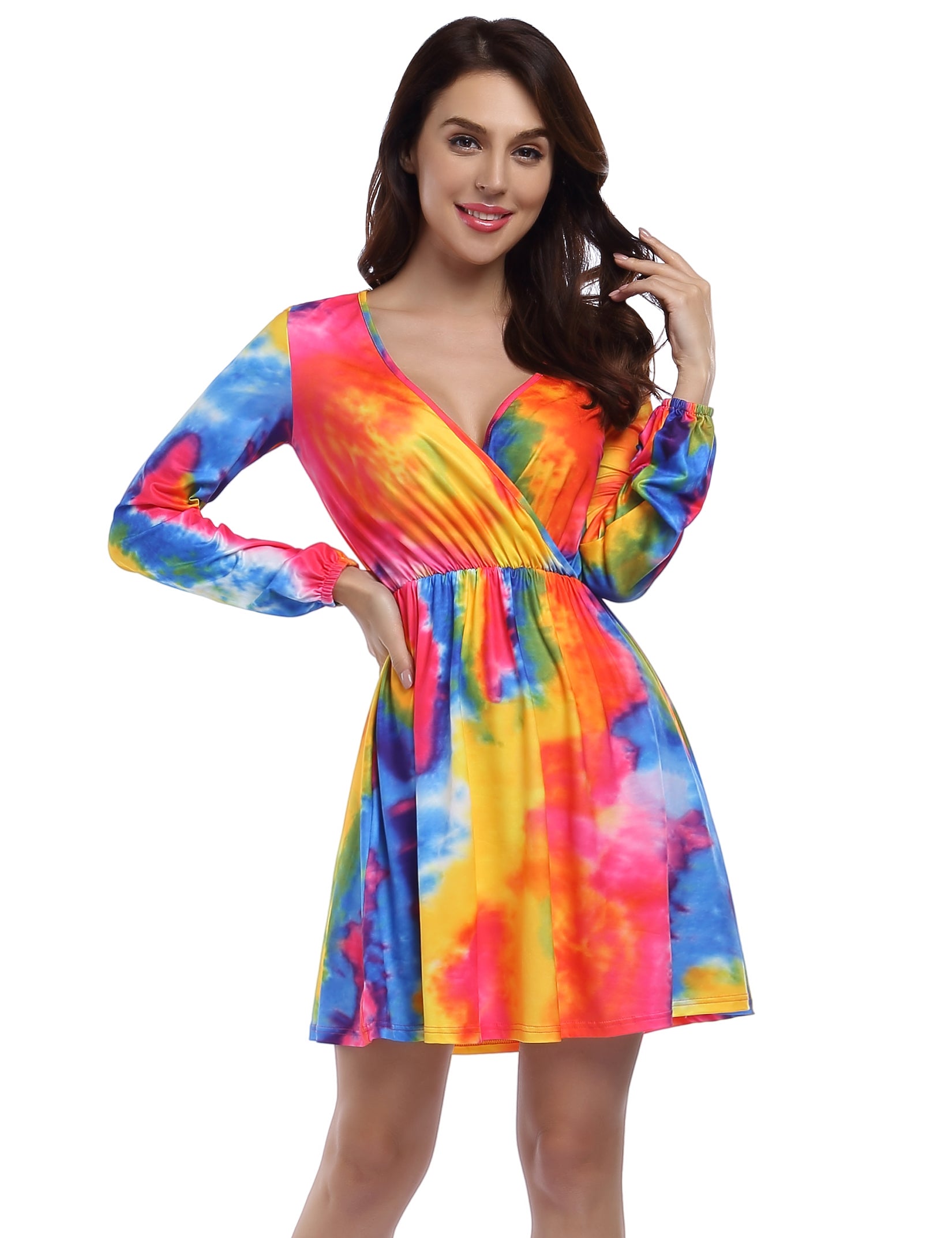 YESFASHION Women V Neck Skating Dress Long Sleeves Printed Casual Dress