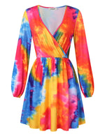 YESFASHION Women V Neck Skating Dress Long Sleeves Printed Casual Dress Rainbow