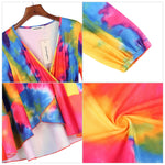 YESFASHION Women Deep V Neck Empire Waist Skater Dress Long Sleeve Print Ruffle Hem Summer Dresses