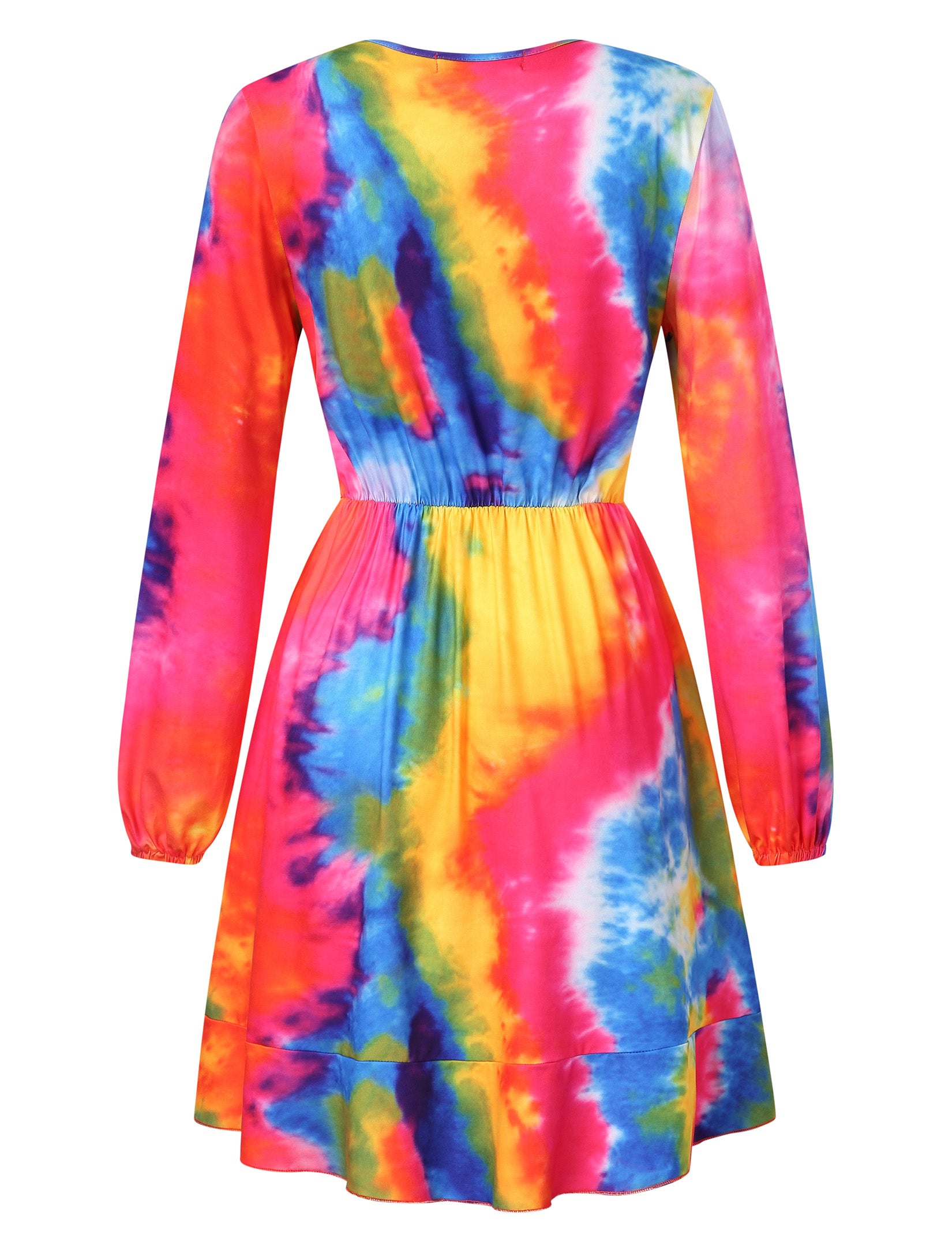 YESFASHION Women Deep V Neck Empire Waist Skater Dress Long Sleeve Print Ruffle Hem Summer Dresses