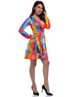 YESFASHION Women Deep V Neck Empire Waist Skater Dress Long Sleeve Print Ruffle Hem Summer Dresses