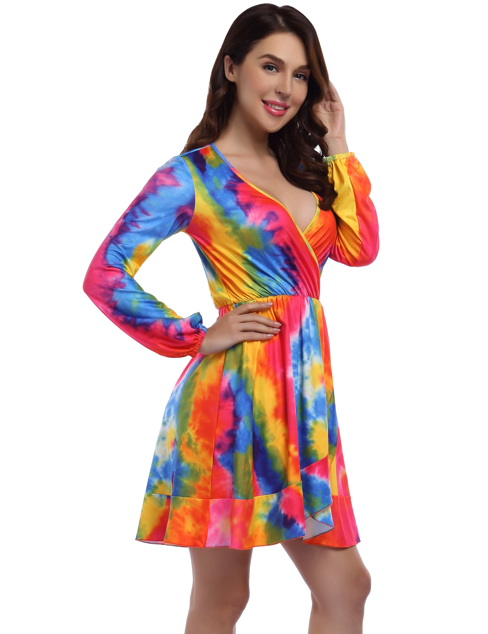 YESFASHION Women Deep V Neck Empire Waist Skater Dress Long Sleeve Print Ruffle Hem Summer Dresses