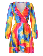 YESFASHION Women Deep V Neck Empire Waist Skater Dress Long Sleeve Print Ruffle Hem Summer Dresses