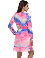 YESFASHION Women Deep V Neck Empire Waist Skater Dress Long Sleeve Print Ruffle Hem Summer Dresses