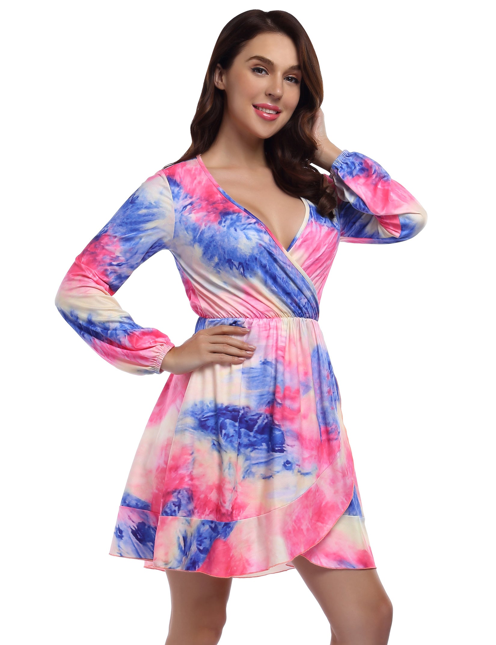 YESFASHION Women Deep V Neck Empire Waist Skater Dress Long Sleeve Print Ruffle Hem Summer Dresses