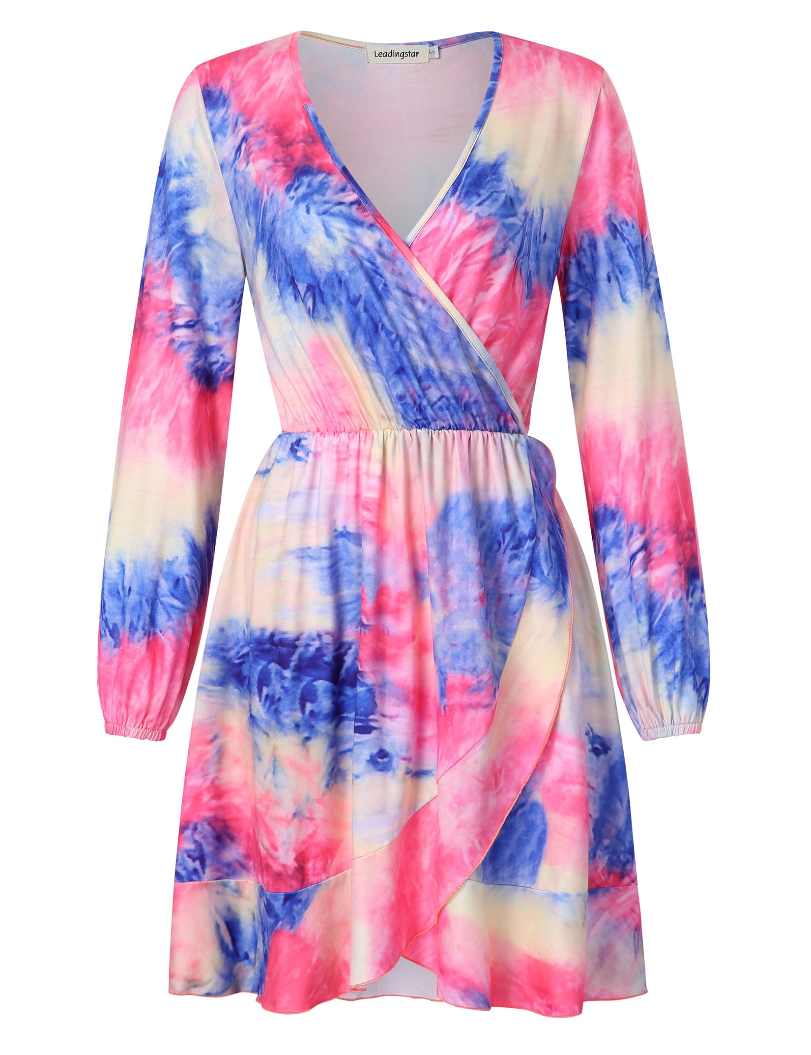 YESFASHION Women Deep V Neck Empire Waist Skater Dress Long Sleeve Print Ruffle Hem Summer Dresses