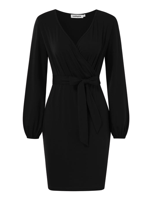 YESFASHION Women's V Neck Long Sleeves Dress Slim Party Dress Black