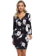 YESFASHION Women's V Neck Long Sleeves Dress Slim Party Dress Black Flower
