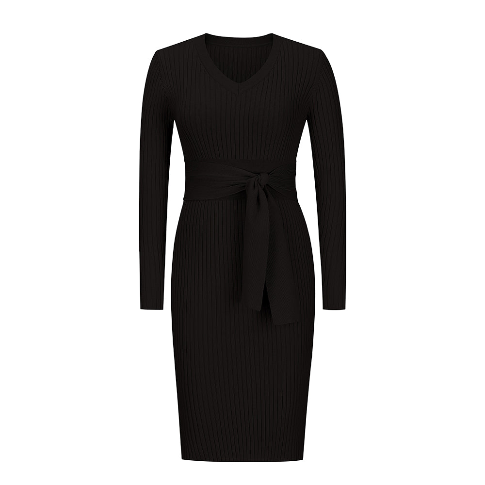YESFASHION Puff Long Sleeve Knitted Midi Skirt Dress