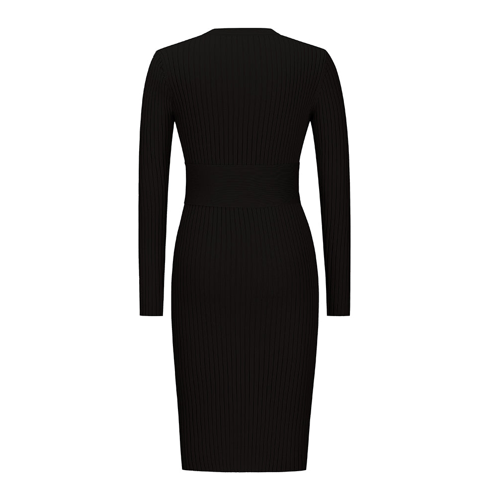 YESFASHION Puff Long Sleeve Knitted Midi Skirt Dress