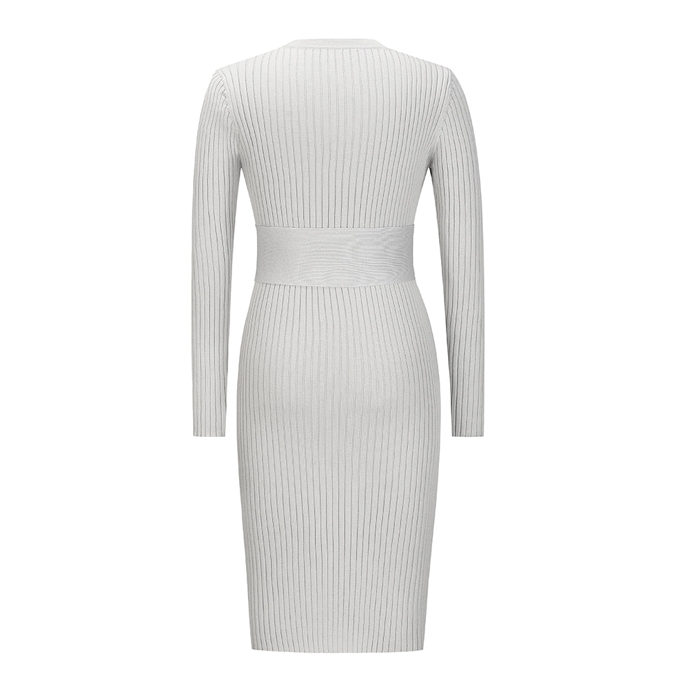 YESFASHION Puff Long Sleeve Knitted Midi Skirt Dress