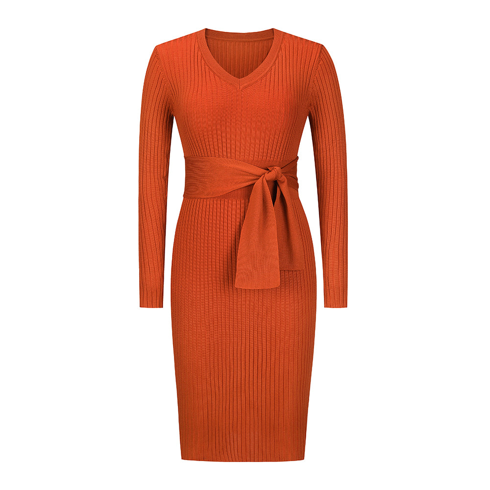 YESFASHION Puff Long Sleeve Knitted Midi Skirt Dress