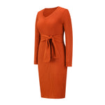 YESFASHION Puff Long Sleeve Knitted Midi Skirt Dress