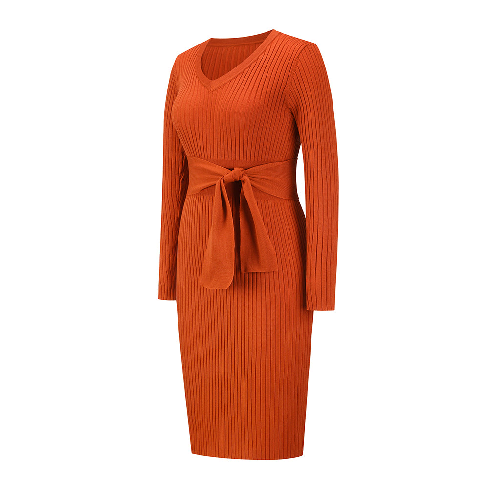 YESFASHION Puff Long Sleeve Knitted Midi Skirt Dress