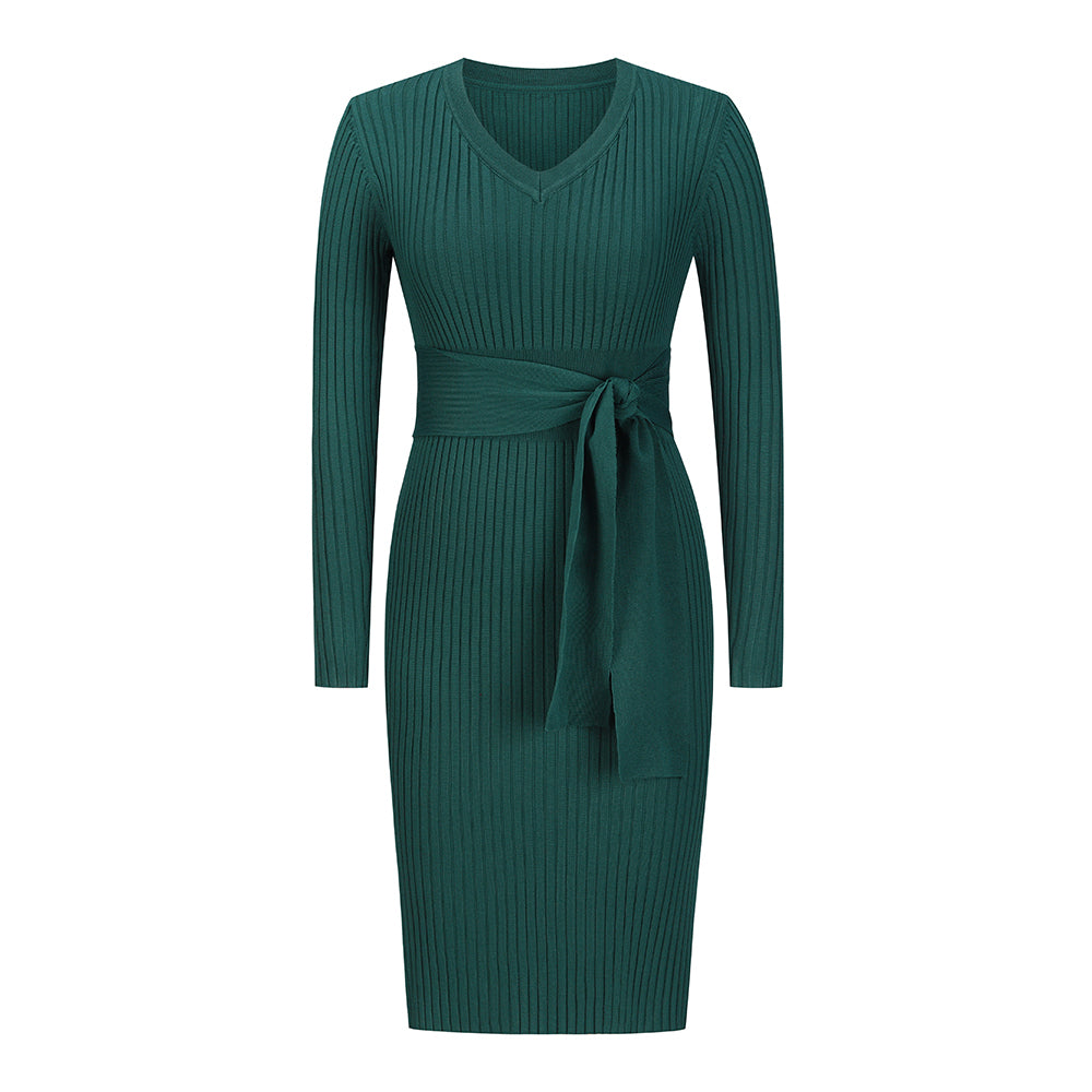 YESFASHION Puff Long Sleeve Knitted Midi Skirt Dress