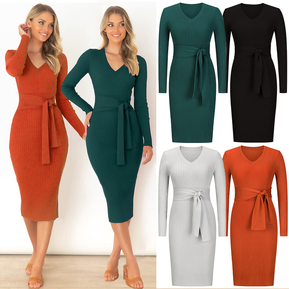 YESFASHION Women Long-sleeved V-neck Slim Strap Mid-length Dress