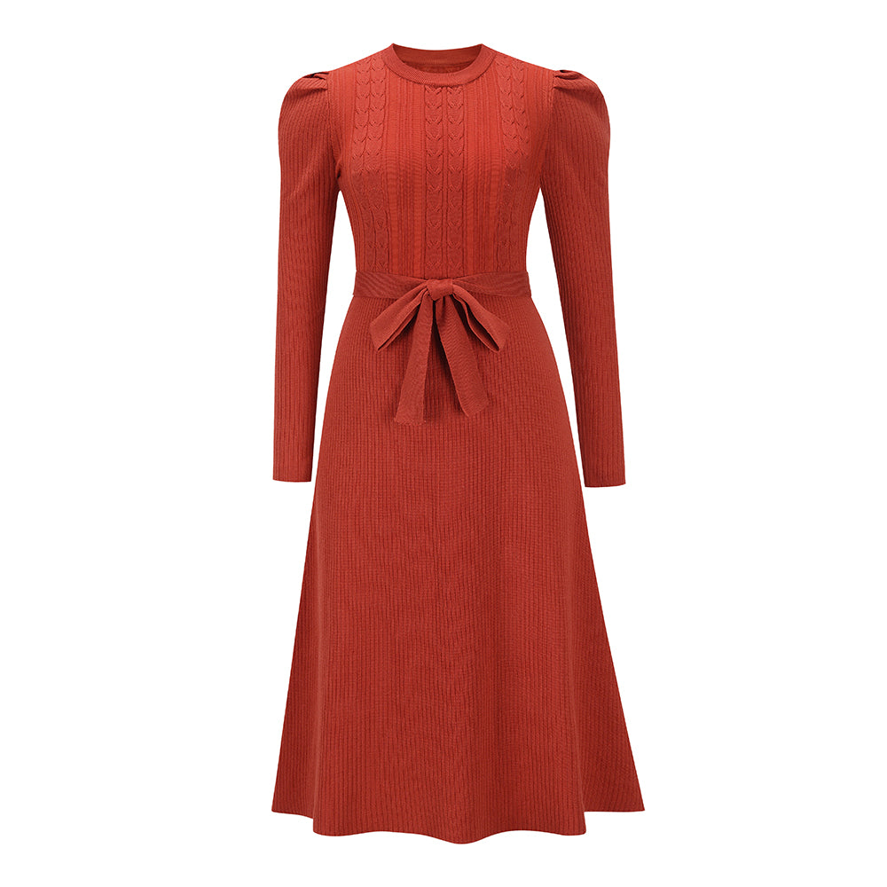 YESFASHION Puff Long Sleeve Knitted Midi Skirt Dress