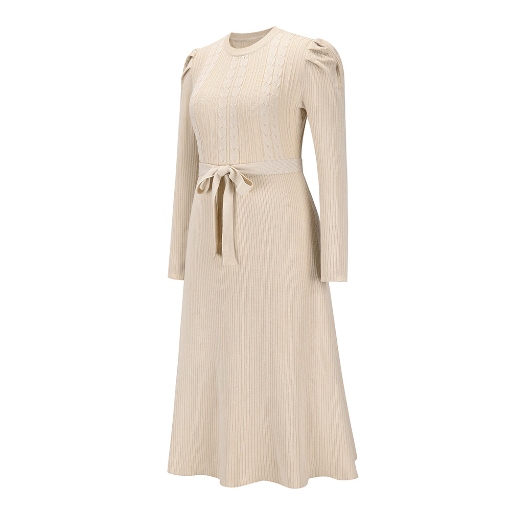 YESFASHION Puff Long Sleeve Knitted Midi Skirt Dress
