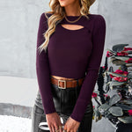 YESFASHION Solid Color Knit Cutout Top 2022 Winter Versatile T-shirt