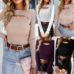 YESFASHION Solid Color Knit Cutout Top 2022 Winter Versatile T-shirt