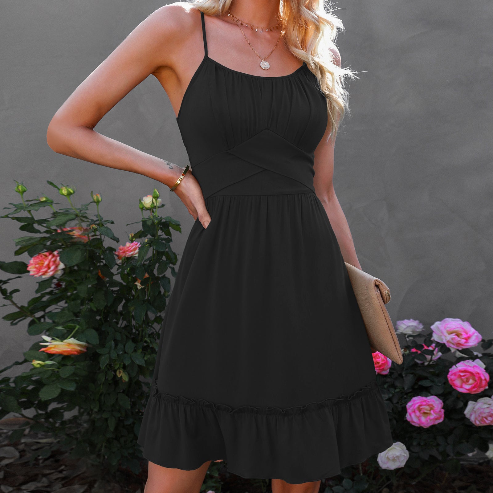 YESFASHION Women Ruffled Suspender Dress