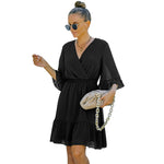 YESFASHION Women V-neck Solid Color Polka Dot Chiffon Dress